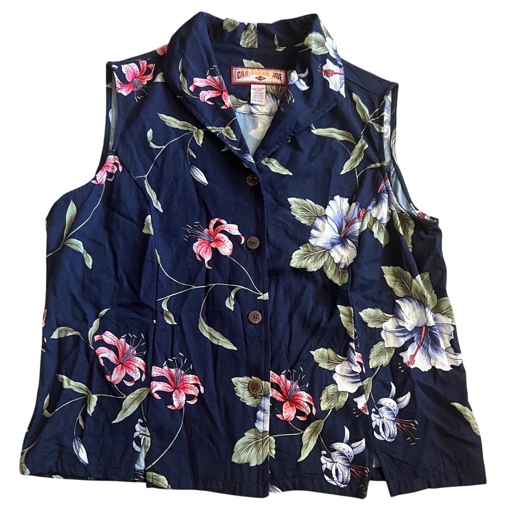 Vintage‎ Caribbean Joe Womens Blue Tropical Floral Sleeveless Rayon Button Down